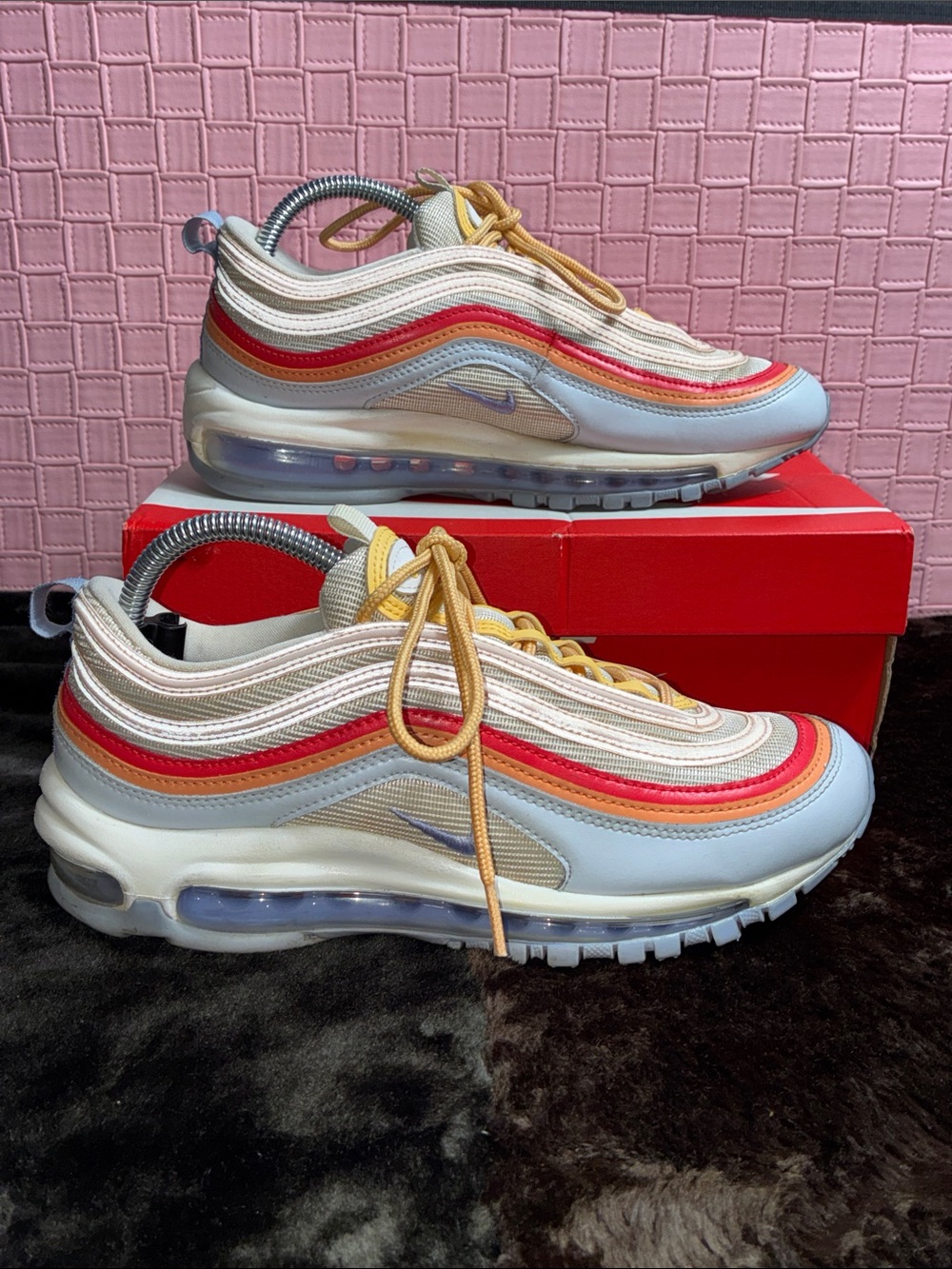 Nike Air Max 97 in Cream, Red & Light Blue with Yellow Laces size 8.5